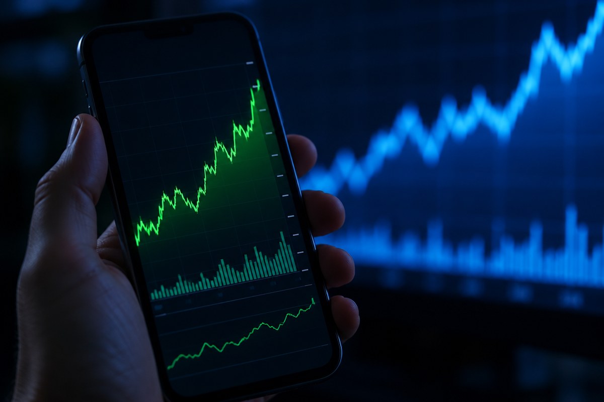 Stock chart on a smartphone with market data in the background